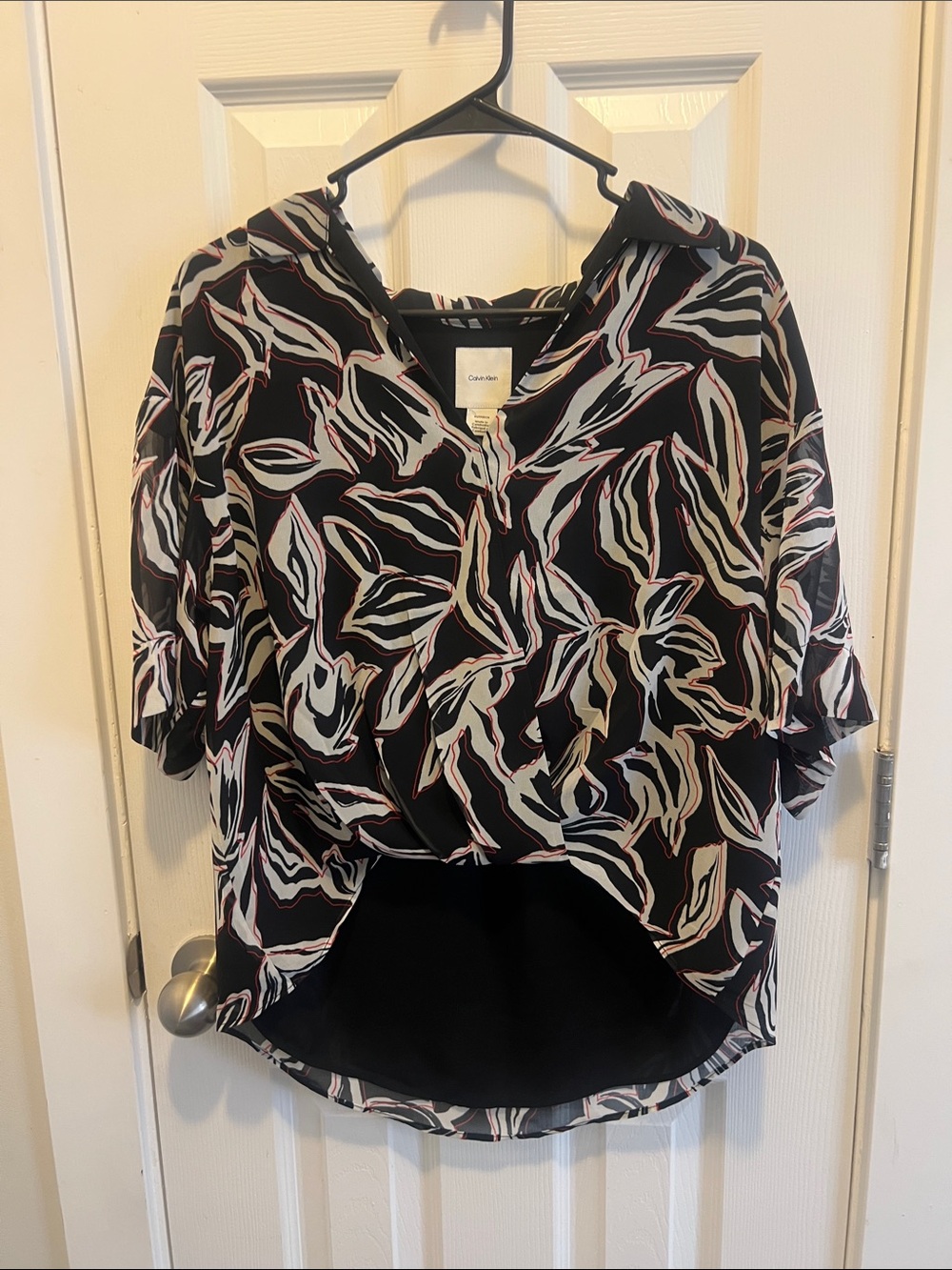 Calvin Klein Black V-Neck Tunic with White and Red Leaf Motif